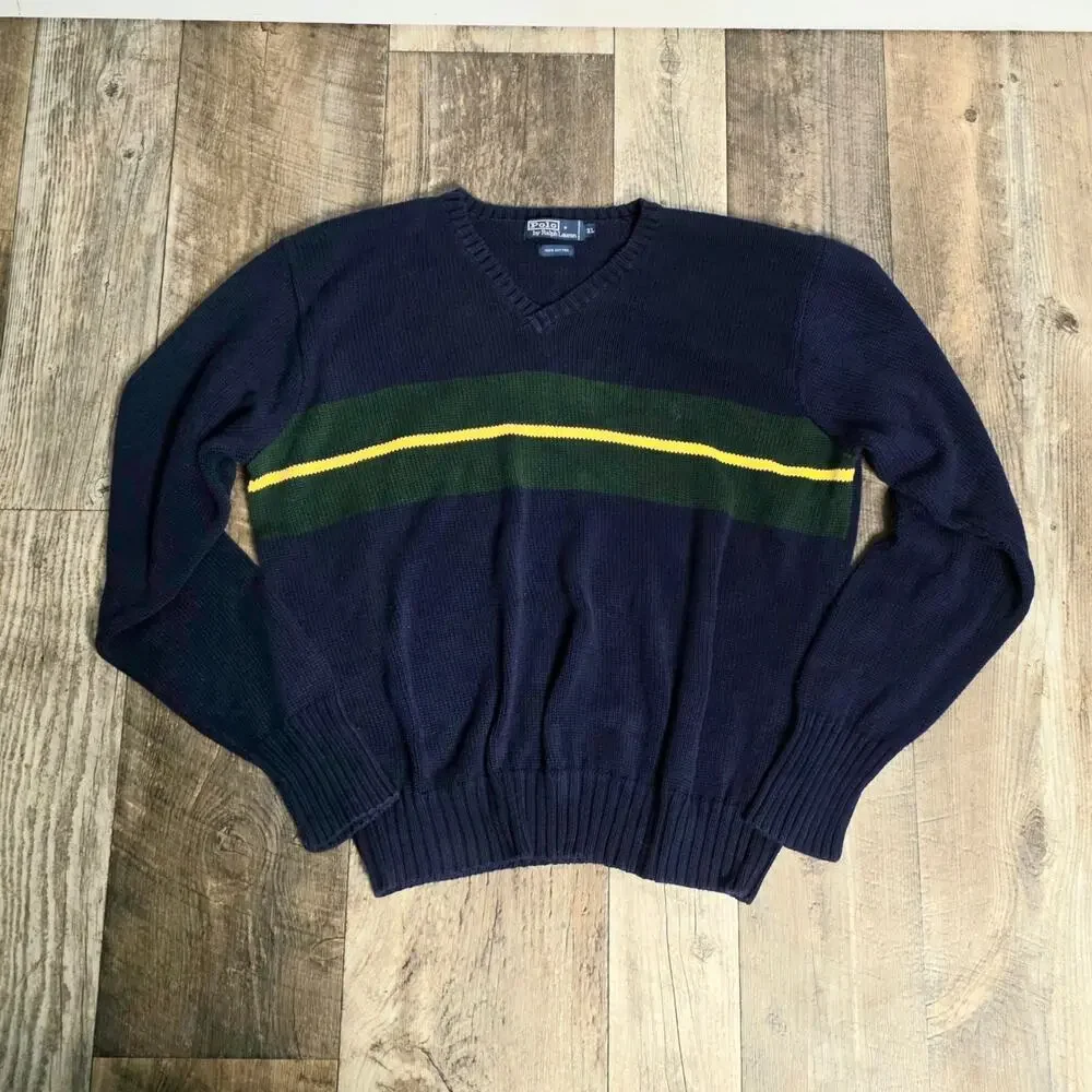 Polo Ralph Lauren Vintage Rugby Stripe V-Neck Sweater Navy Green Cotton XL